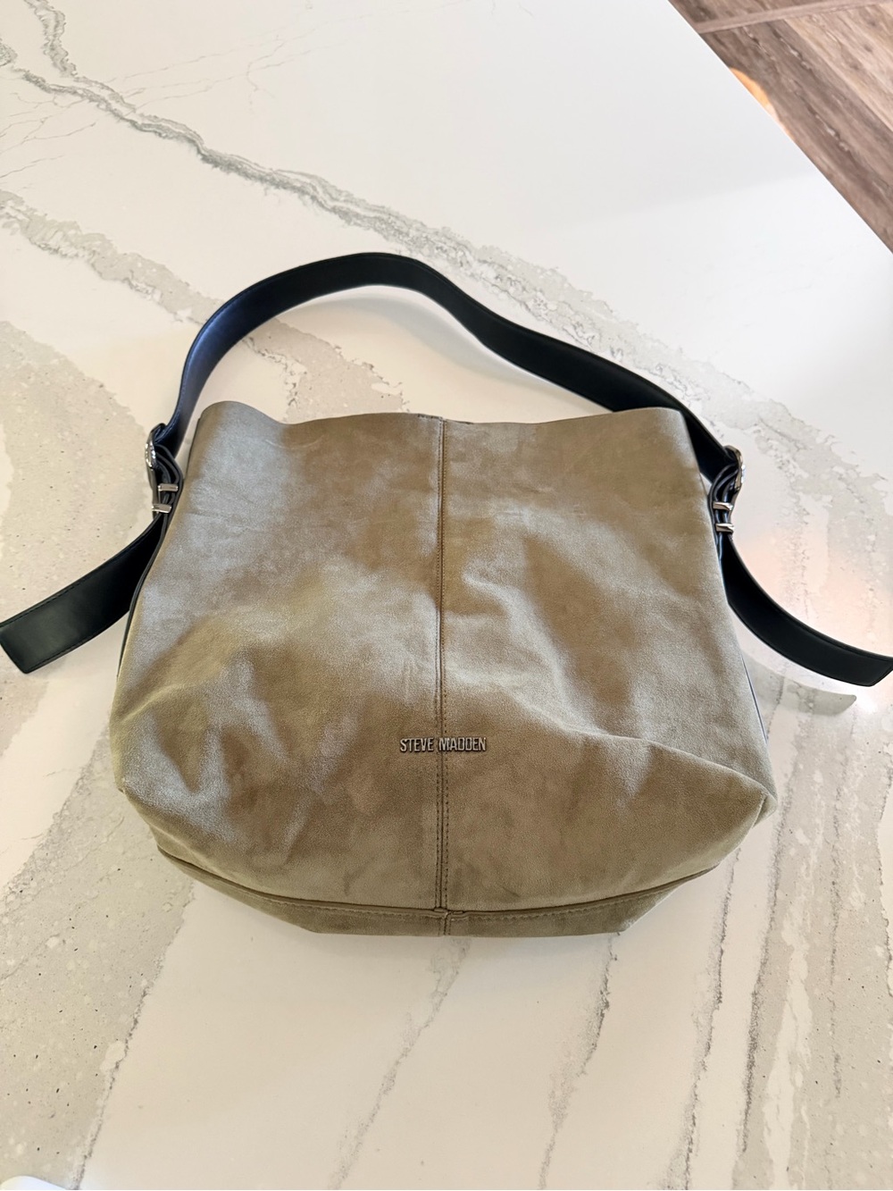 Steve Madden Olive-Taupe Shoulder Bag with Black Strap - Faux Suede